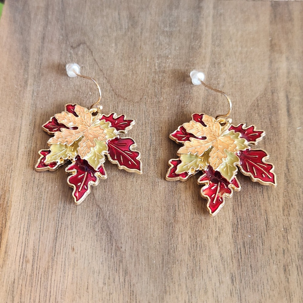 Autumn Maple‎ Leaf Dangle Earrings Gold Tone Red Yellow Enamel Fall Foliage Drop